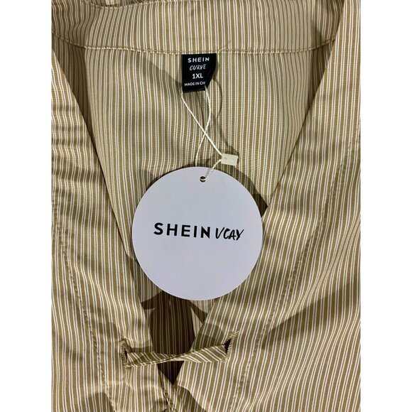 Shein Vcay Collection Curve 1XL NEW Babydoll V Neck Brown Striped Mini Dress - Picture 4 of 8